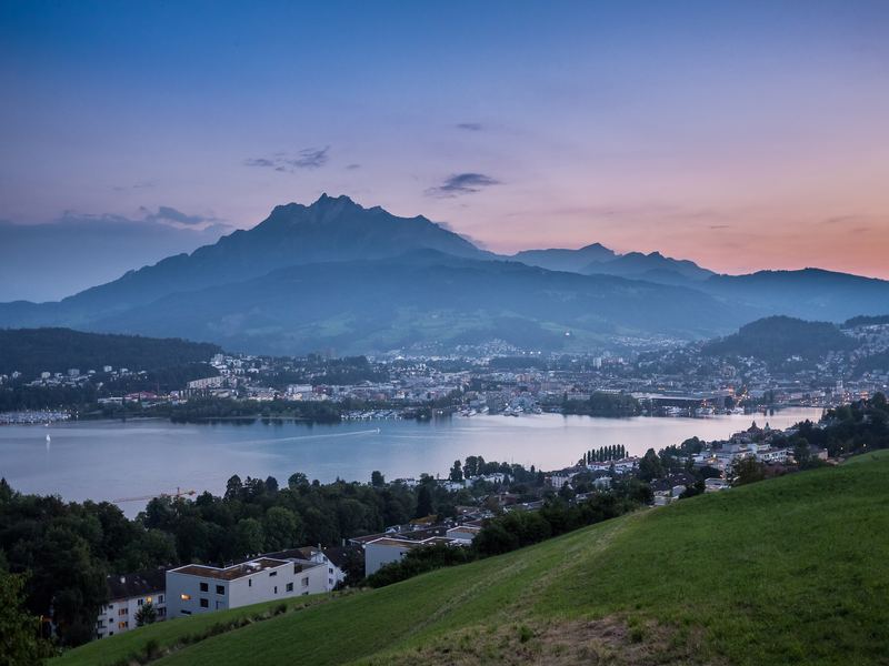Good Morning Scenic Run — View across Lake Lucerne to Mount Pilatus from the slope above the city